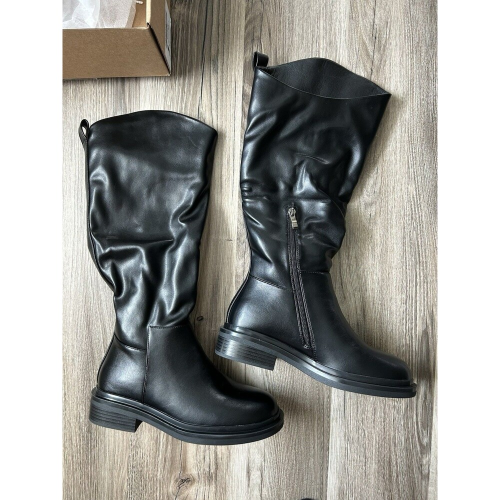 NIB Women’s Black Riding Boots Wide Calf Faux Leather Knee High Size 7.5